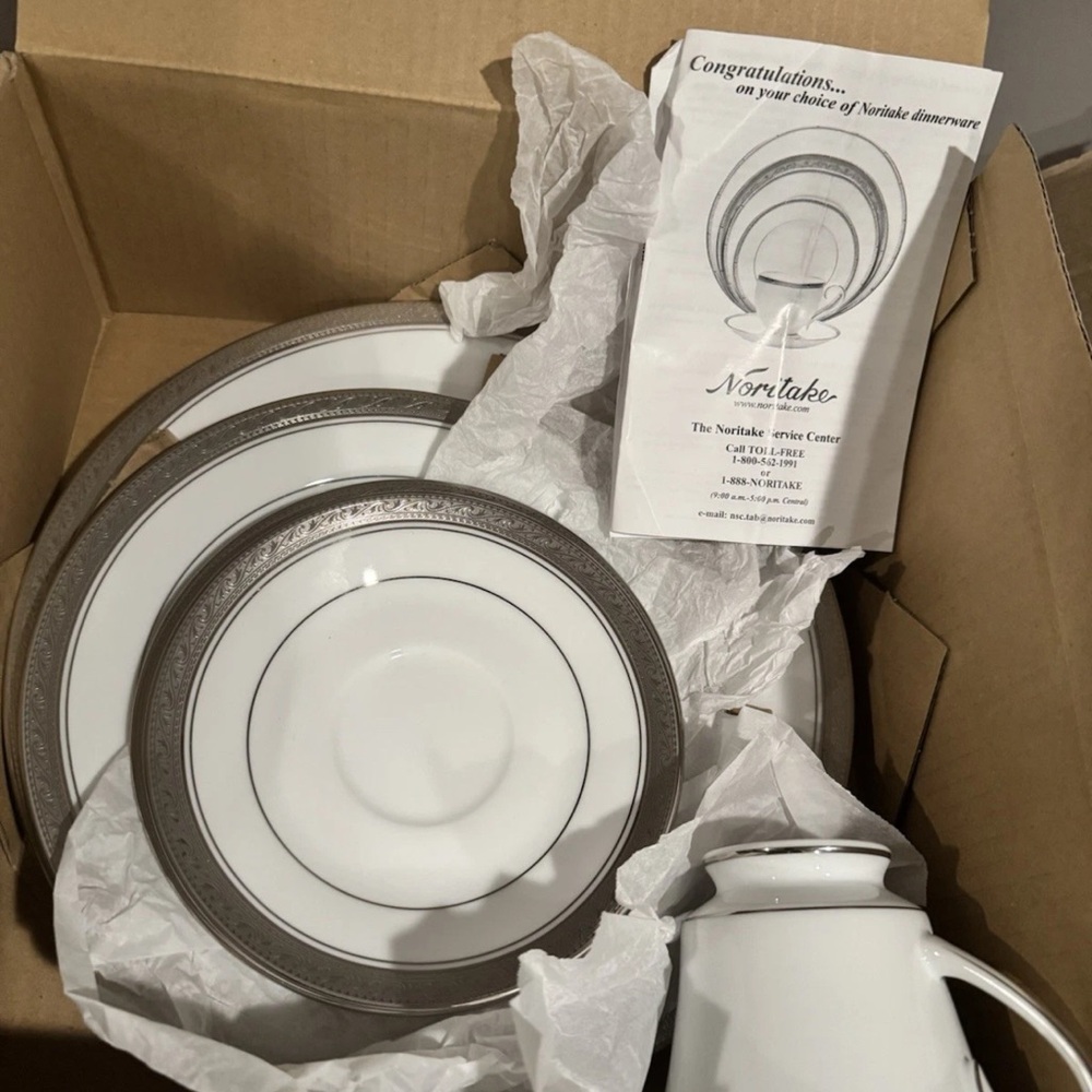 Noritake Elegant White and Silver Dinnerware Set